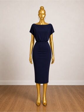 Elegant Navy Midi Dress with Boatneck